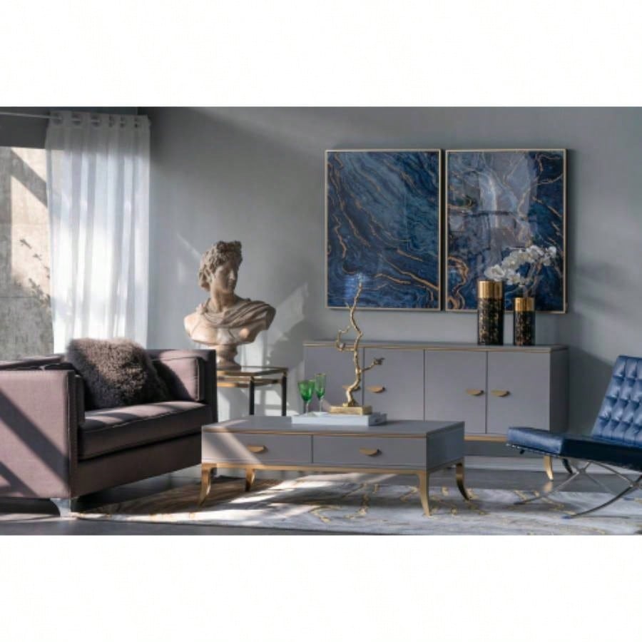 Set of 2 Blue and Gold Framed Art Panels, Unique Marbled Design, 30.5x 40