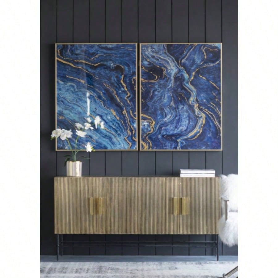 Set of 2 Blue and Gold Framed Art Panels, Unique Marbled Design, 30.5x 40