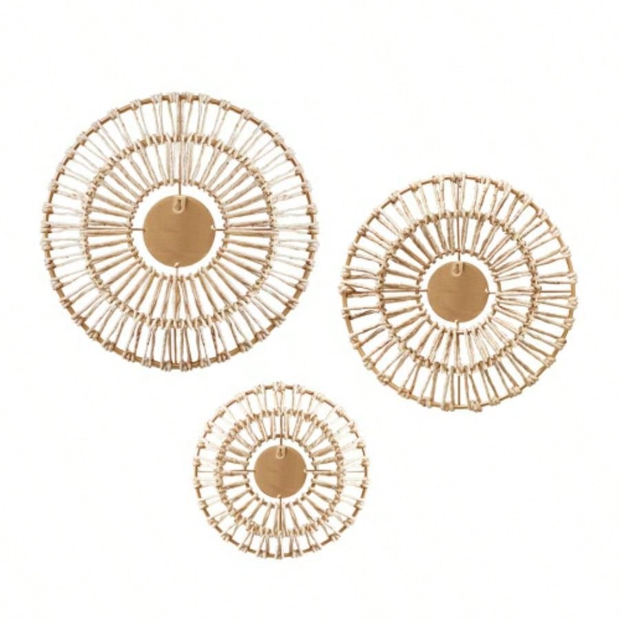 Round Natural Fiber and Mirror 3 - piece Wall Decor Set
