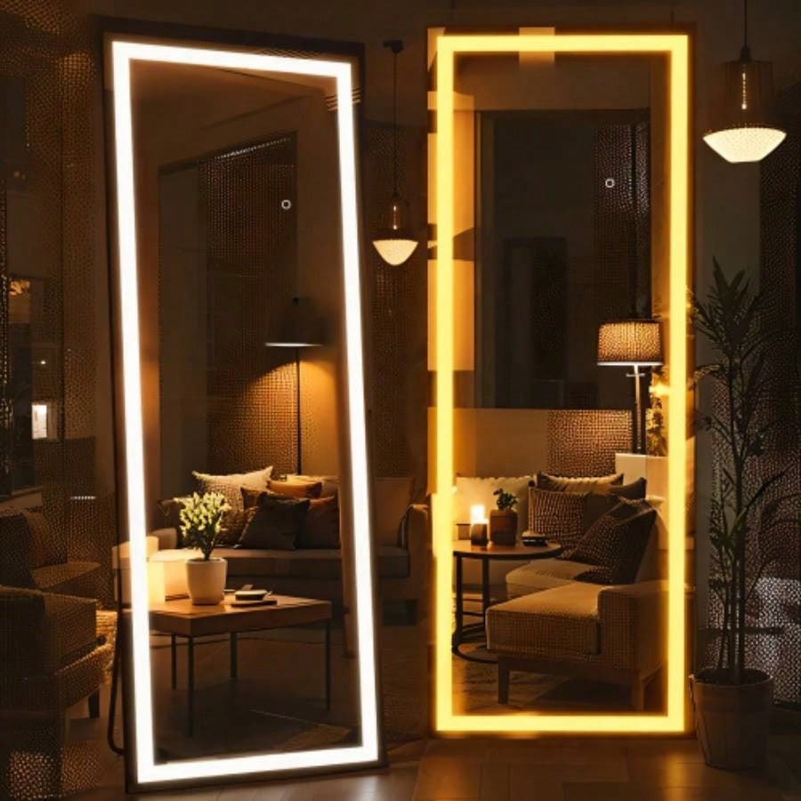 60x16 Inch Full Length Mirror with Lights, Full Body Dressing Standing, Hanging Mounted Mirror Living Room Bedroom Cloakroom, Square Black