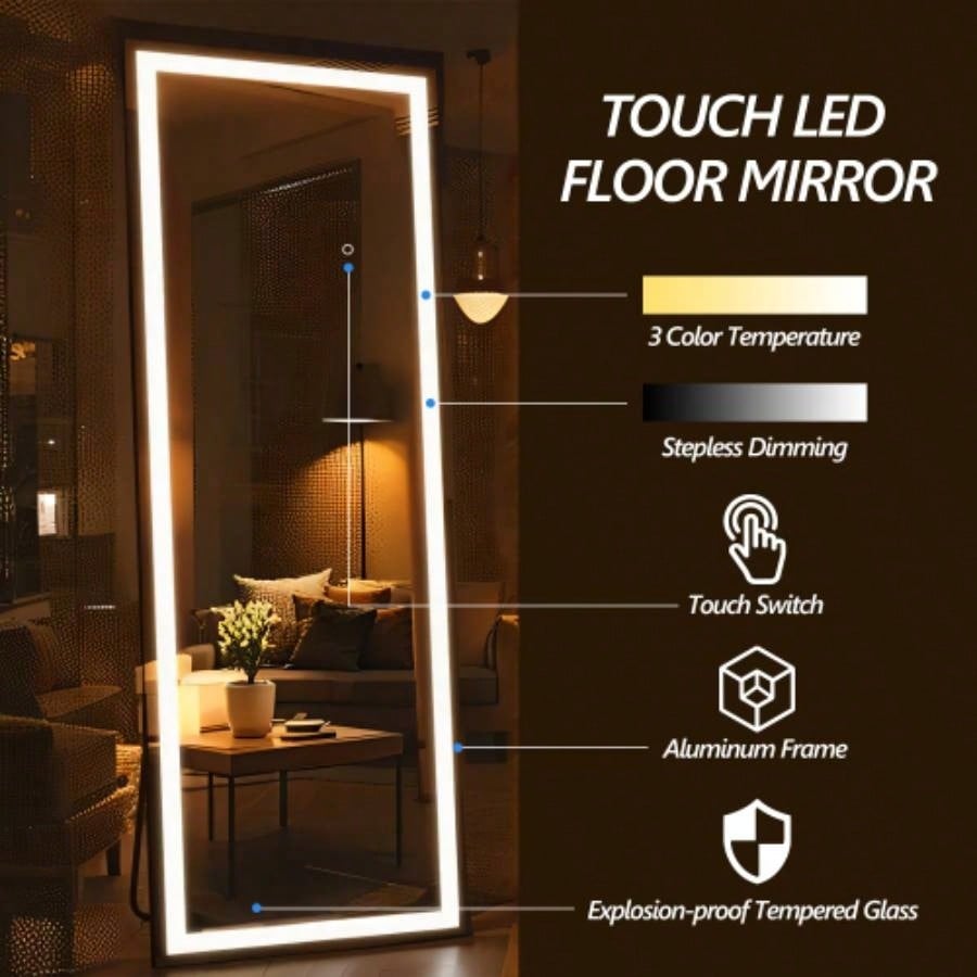 60x16 Inch Full Length Mirror with Lights, Full Body Dressing Standing, Hanging Mounted Mirror Living Room Bedroom Cloakroom, Square Black