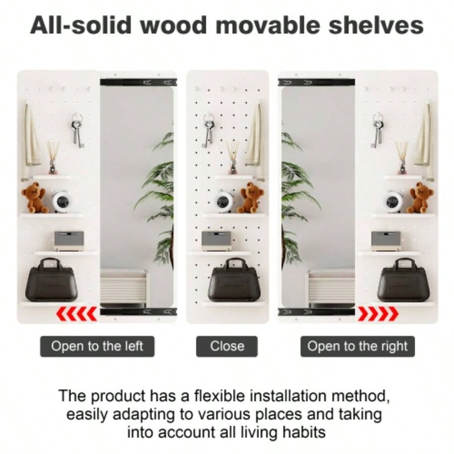 Wall Mounted Full Length Mirror, Full Body Mirror with Shelf, Full Body Mirror with Hook Wall Mounted Mirror with Multifunctional Design Panel, Bedroom/Living Room/Entrance White47.6*15.7in