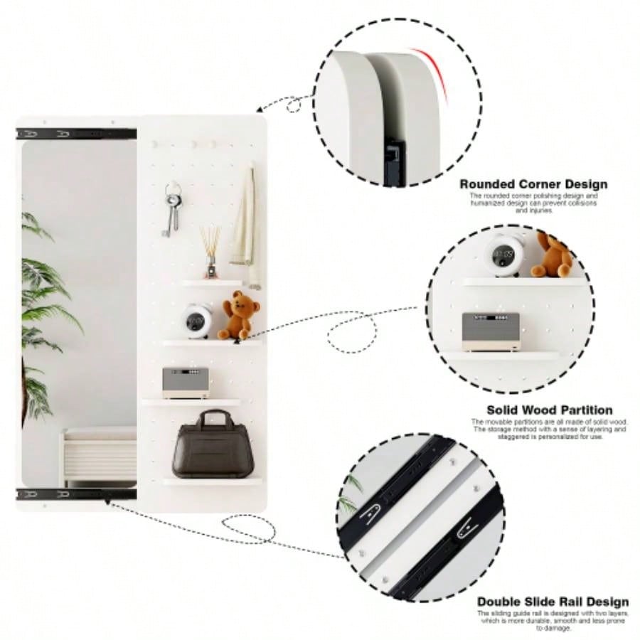 Wall Mounted Full Length Mirror, Full Body Mirror with Shelf, Full Body Mirror with Hook Wall Mounted Mirror with Multifunctional Design Panel, Bedroom/Living Room/Entrance White47.6*15.7in