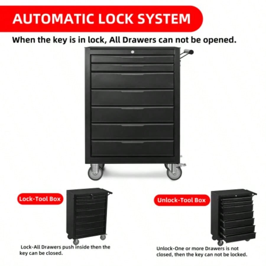 - Drawer Rolling Chest Cabinet, Large Capacity Metal Box with Wheels and Cylinder Locking, Roll Around Storage Organizer Cart Garage, Warehouse, Work Shop - Black