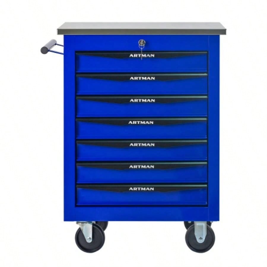 4 Drawers Multifunctional Cart with Wheels, Metal Rolling Cart Storage Garage Workshop Warehouse Repair Shop - With Stainless Steel Roof - BLACKBLUE