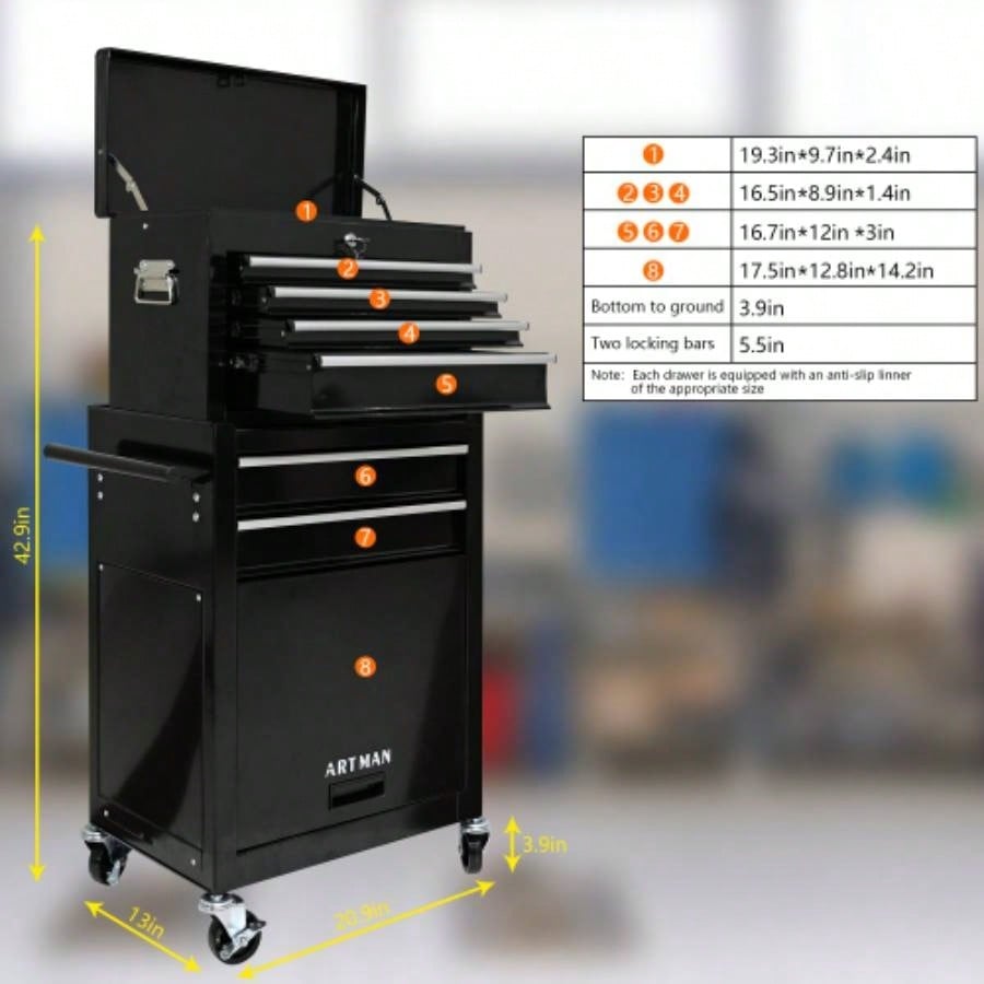 High Capacity Rolling Chest with Wheels and Drawers, 6 - Drawer Storage Cabinet - BLACK