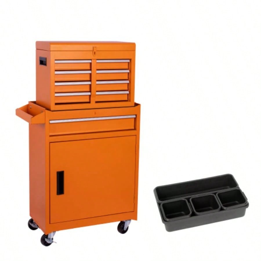 Chest, 5 - Drawer Rolling Storage Cabinet with Detachable Top Box, Liner, Universal Lockable Wheels, Adjustable Shelf, Locking Mechanism, Metal Cart, with 5pcs plastic tray