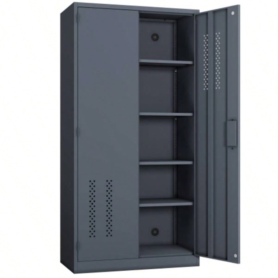 Metal garage storage cabinet with 2 doors and 4 adjustable shelves - 71.96 - inch steel lockable file cabinet with pegboard interior, suitable home offices, garages, gyms, schools gray
