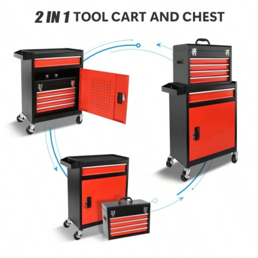 Chest, 5 - Drawer Rolling Storage Cabinet with Detachable Top Box, Liner, Universal Lockable Wheels, Locking Mechanism, Metal Cart Garage Workshop