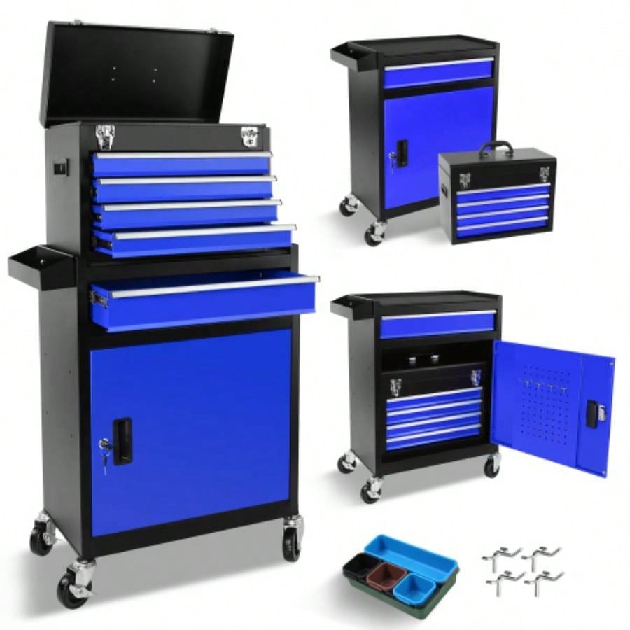 Chest, 5 - Drawer Rolling Storage Cabinet with Detachable Top Box, Liner, Universal Lockable Wheels, Locking Mechanism, Metal Cart Garage Workshop