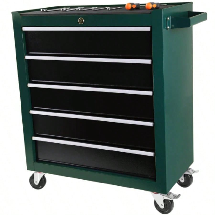 5 - Drawers Rolling Chest, Cabinet on Wheels with Keyed Locking System and Drawer Liners, Chest with Link and can be Combined to Large Cabinet Set, Warehouse, Garage