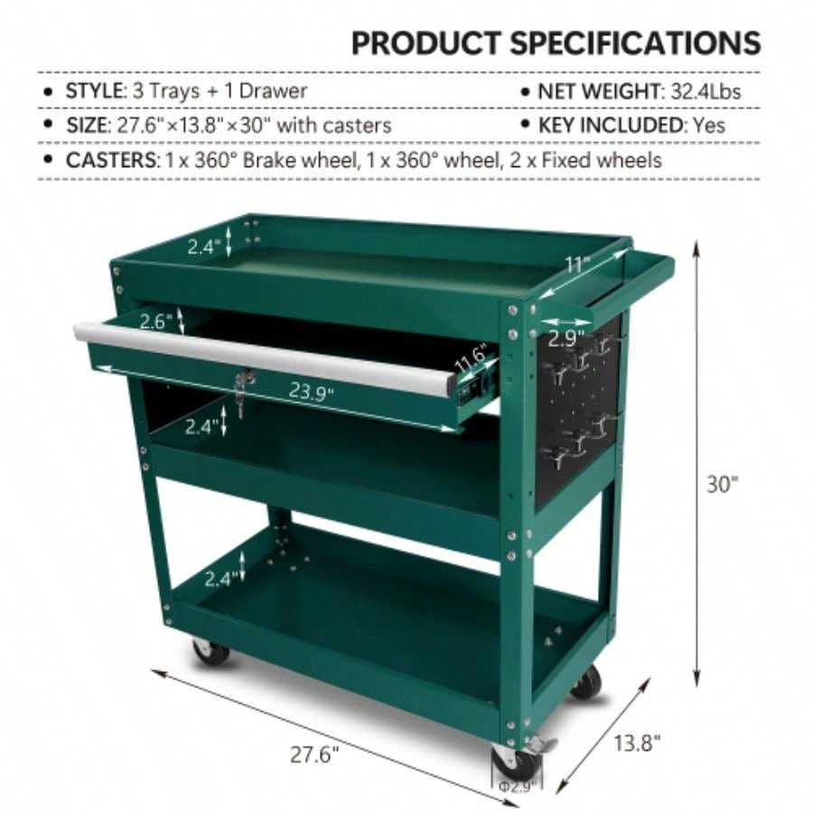 3 Tier Rolling Cart, Heavy Duty Utility Cart Organizer with Storage Drawer, Industrial Commercial Service Cart Mechanics, Garage, Warehouse Repair Shop