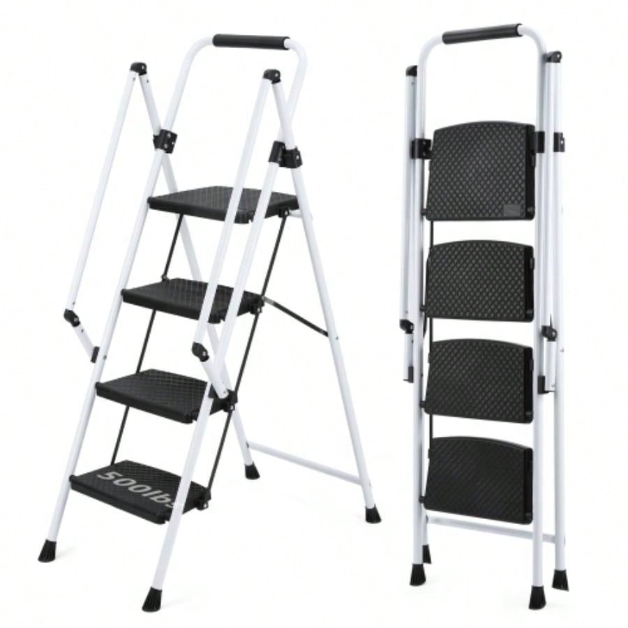 ladder, folding ladder stool, with anti slip wide pedals, steel ladder, with safety anti slip handle, lightweight 300 pound portable steel ladder stool in White 5 steps