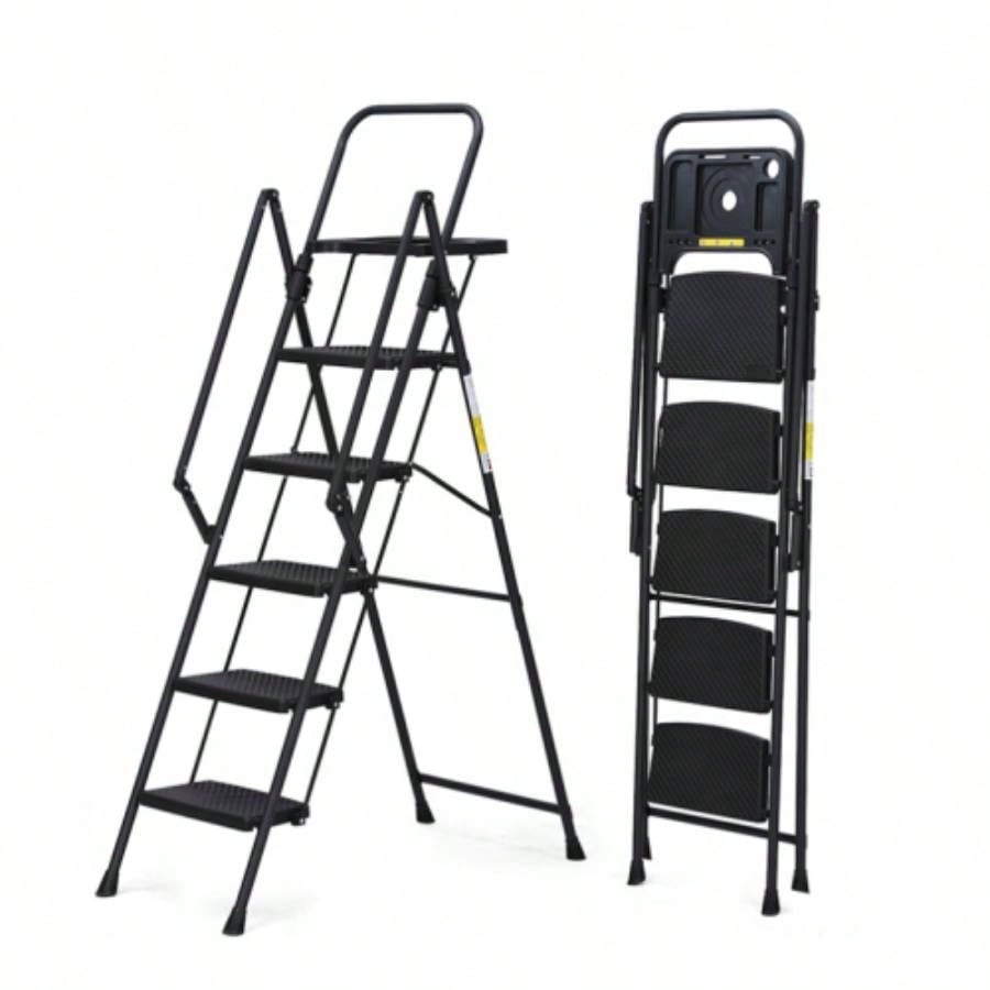 4 Step Ladder, Folding Step Stool with Non - Slip Wide Pedals, Soft Handle, Non - Slip Feet, Sturdy Steel Construction, 440 lb Capacity Steel Ladder, Suitable Home Office