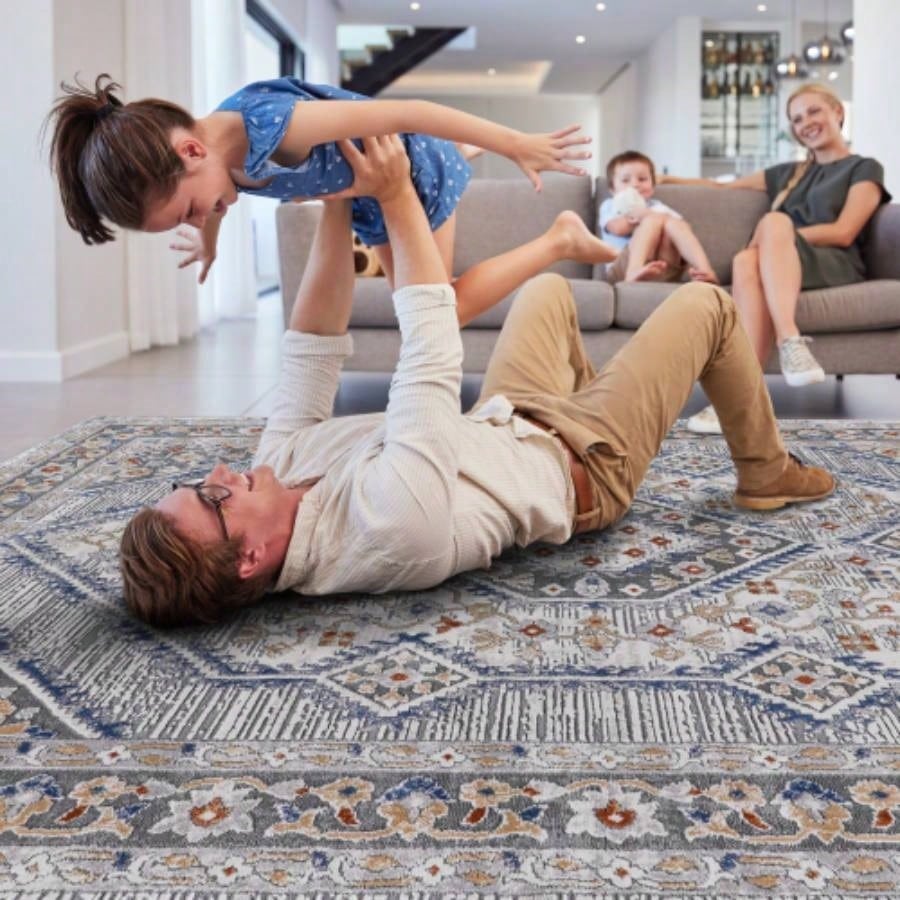 LOOM LUXE 6X9 Blue/Bordered Non - Shedding Living Room Bedroom Dining Home Office Stylish and Stain Resistant Area Rug