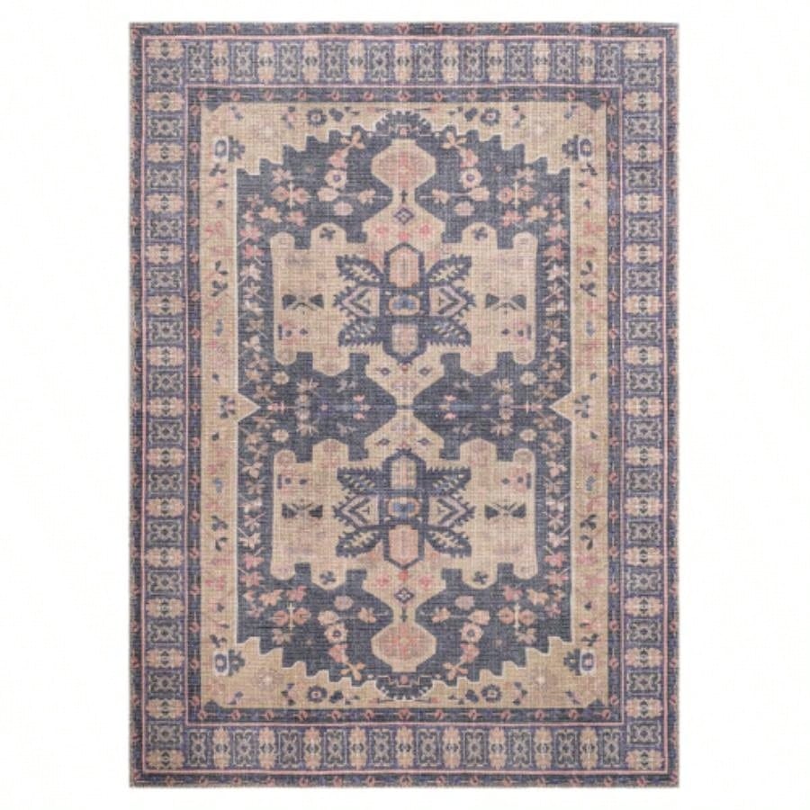 Traditional, Transitional, Medallion, Border, Distressed Textured Cut and Loop Pile 6x 10 Rectangle Area Rug