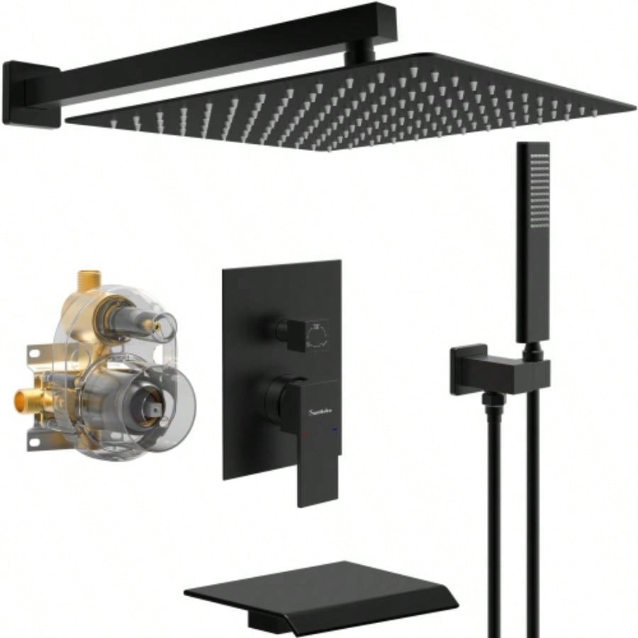 Male NPT Shower Faucet Set, Waterfall Shower System Bathroom, High Pressure 10 Rain Shower and Handheld Shower Spray, Wall Mount Tub Faucet Shower with Trim and Diverter, Matte Black