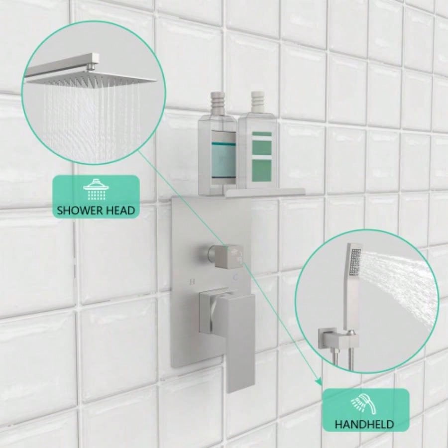 Rainfall Shower System With Storage Rack 10 inch Shower Faucet Set Brushed Nickel with High Pressure with Square Shower Luxury Shower Set Wall Mount