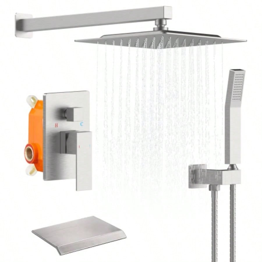 Rain Shower System Brushed Nickel Tub Shower Faucet Set 10 Inch Square Rainfall Shower with Handheld Sprayer and Waterfall Tub Spout Pressure Balance Rough - in Shower Mixer Combo