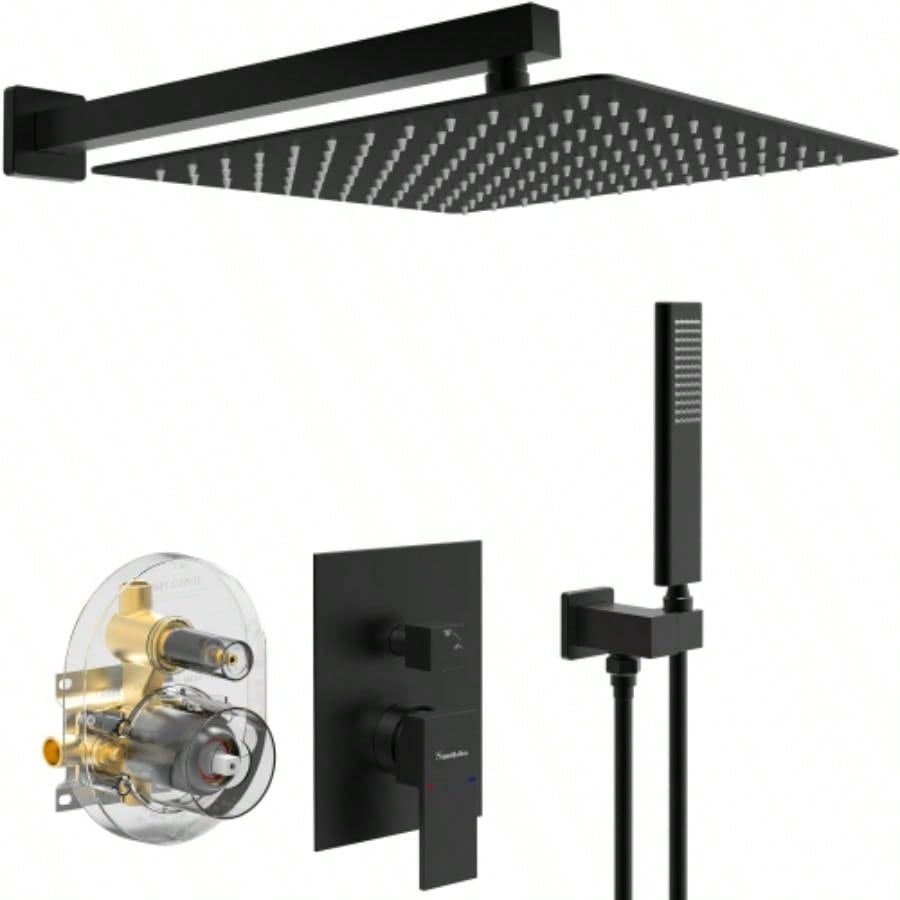 Male NPT Matte Black Shower System, Shower Faucet Set Bathroom Shower Fixtures with 12 Inch Rain Shower and Handheld Pressure Balance Shower Trim Kit Included