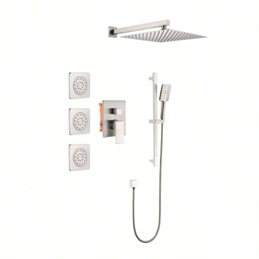 Shower System with Shower, Hand Shower, Slide Bar, Bodysprays, Shower Arm, Hose, Trim, and Lever Handles