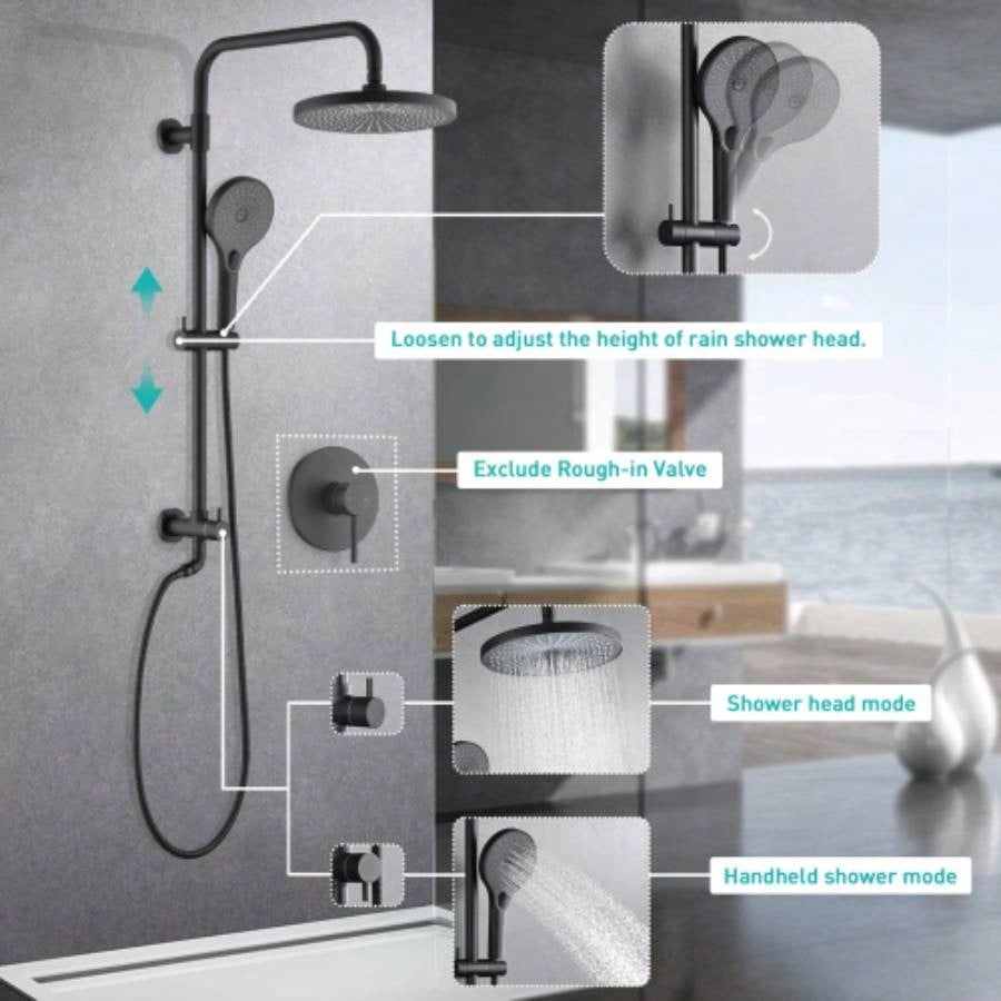 Shower with Handheld Shower System with 8 Rainfall Shower Shower System Dual Shower Combo 3 - Setting Handheld Sprayer with Slide Bar Matte Black