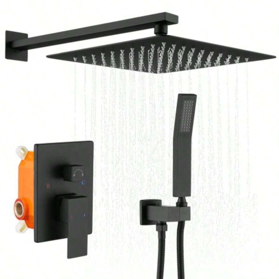 Shower System Shower Faucet Combo Set Wall Mounted with 12 Rainfall Shower and handheld shower faucet, Matte Black with Brass Rough - In