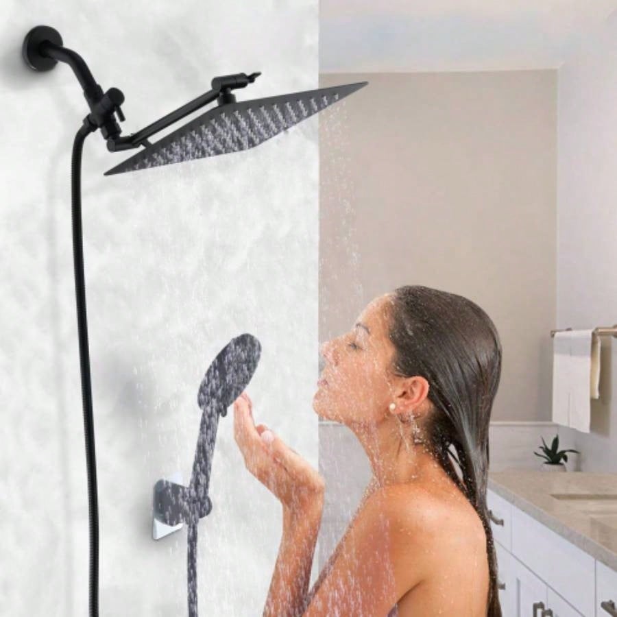 Shower, 10 Inch High Pressure Rainfall Shower/Handheld Shower Combo with 11 Inch Extension Arm, 6 Settings Adjustable Anti - leak Shower with Holder/Hose, Height/Angle Adjustable