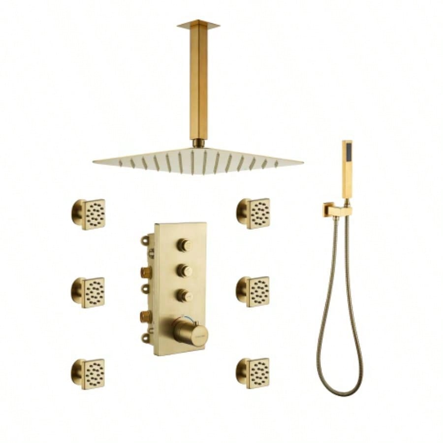3 - Function 12 - Inch Ceiling - Mounted Thermostatic Shower System in Brushed Gold with Square Shower