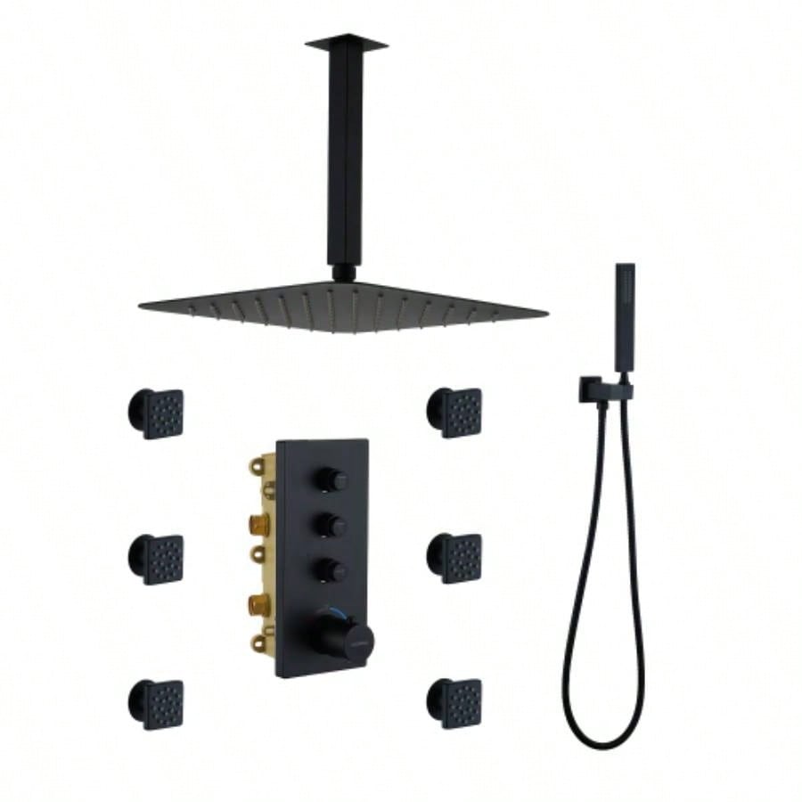 3 Functions 12 Inch Ceiling Mounted Thermostatic Shower System in Matte Black with square shower