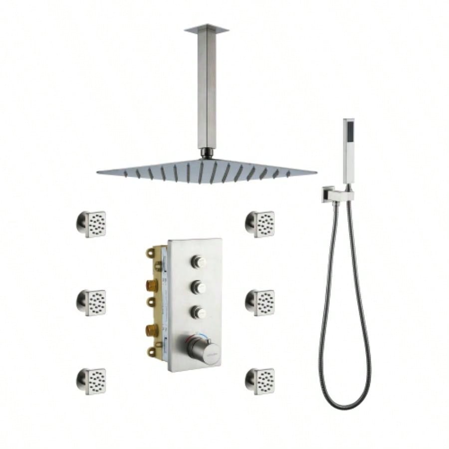 3 - Function 12 - Inch Wall - Mounted Thermostatic Shower System in Brushed Nickel with Square Shower
