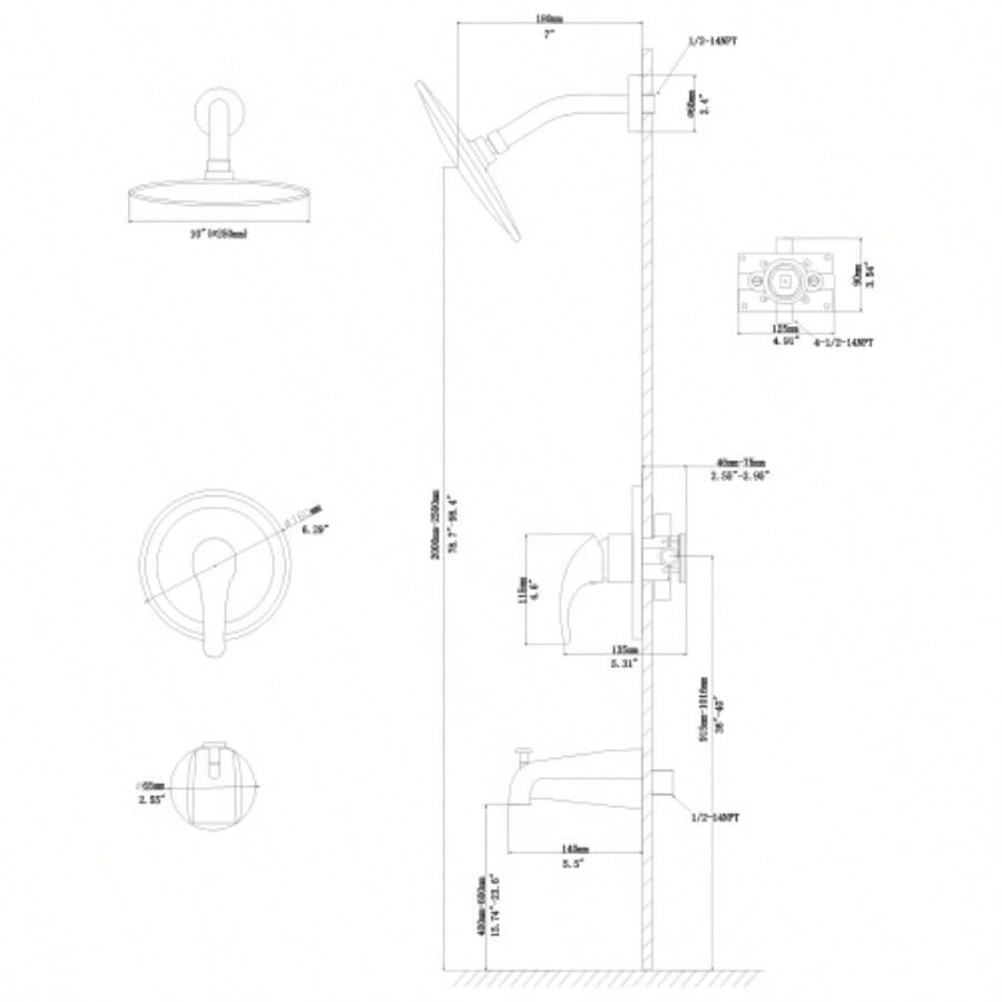 10 Round Rain Shower Systems with Waterfall Tub Spout, Matte black, Wall Mounted shower