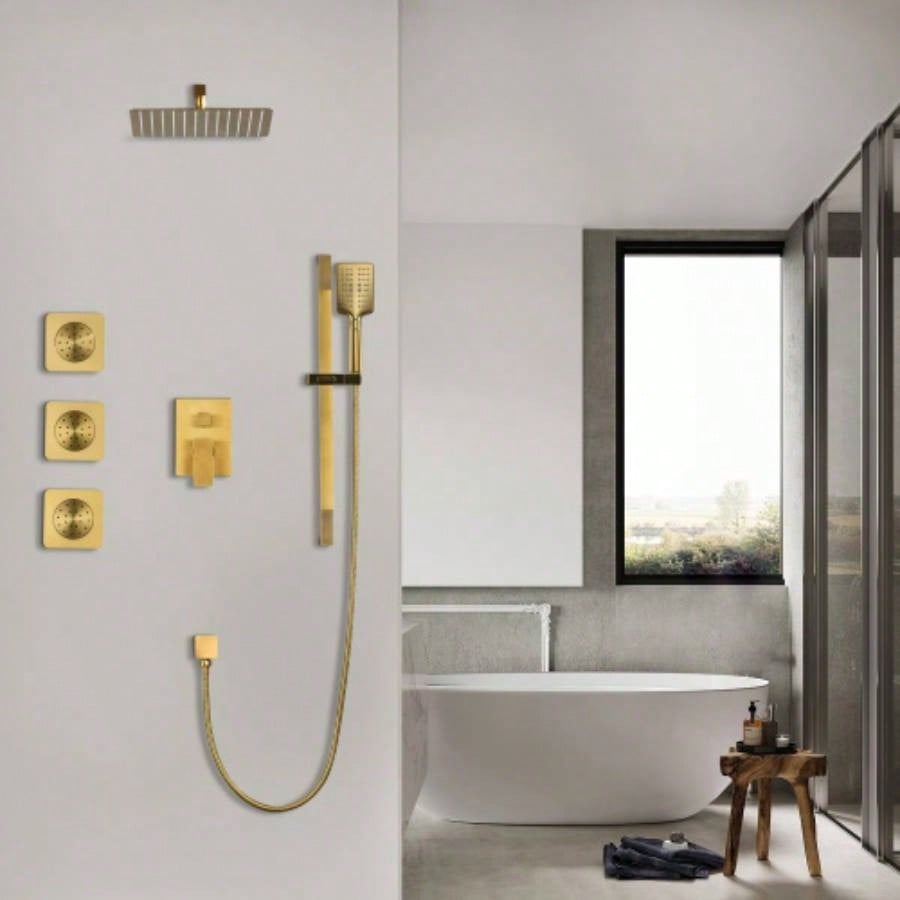 Shower System with Shower, Hand Shower, Slide Bar, Bodysprays, Shower Arm, Hose, Trim, and Lever Handles