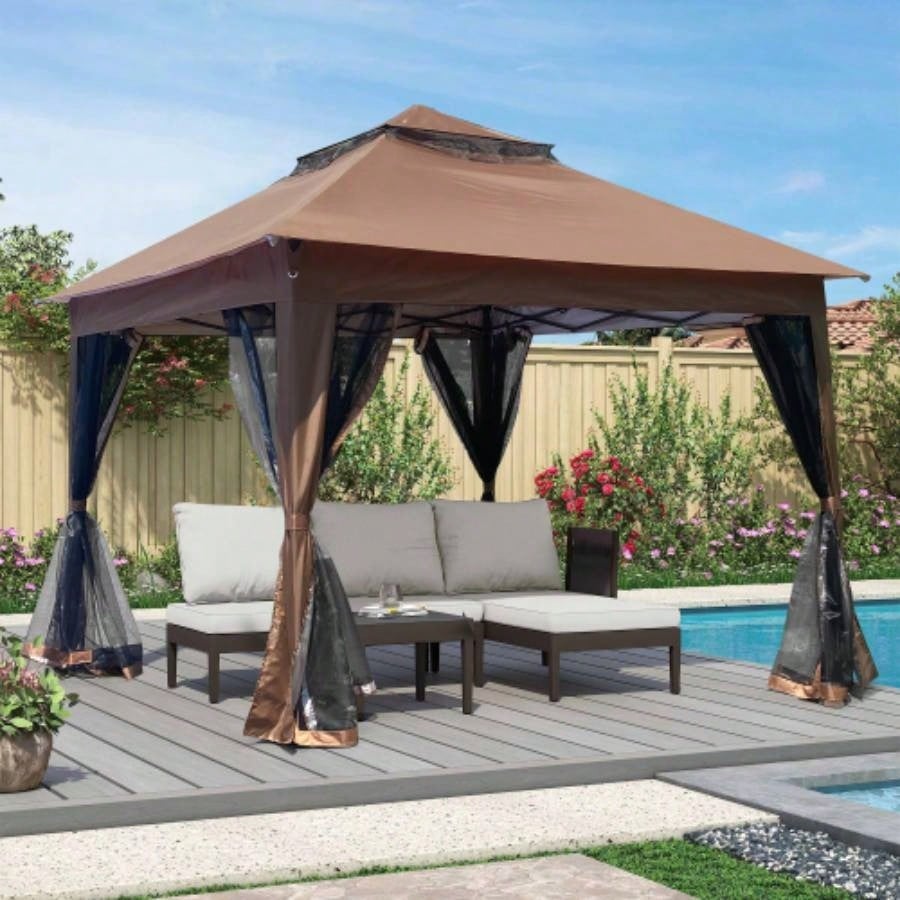 Outdoor 11x 11Ft Up Gazebo Canopy With Removable Zipper Netting, 2 - Tier Soft Top Event Tent, Suitable Patio Backyard Garden Camping Area, Coffee