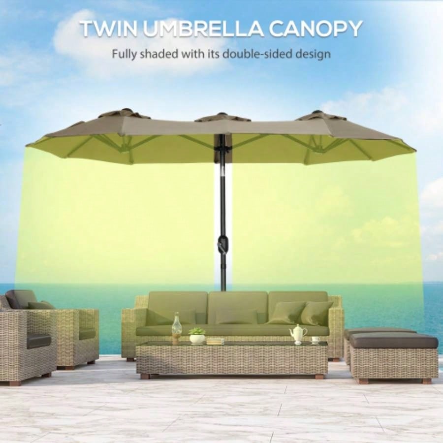 Outsunny Double - sided Patio 9.5 Large Outdoor Market with Push Button Tilt and Crank, 3 Vents and 12 Ribs, Garden, Deck, Pool, Gray