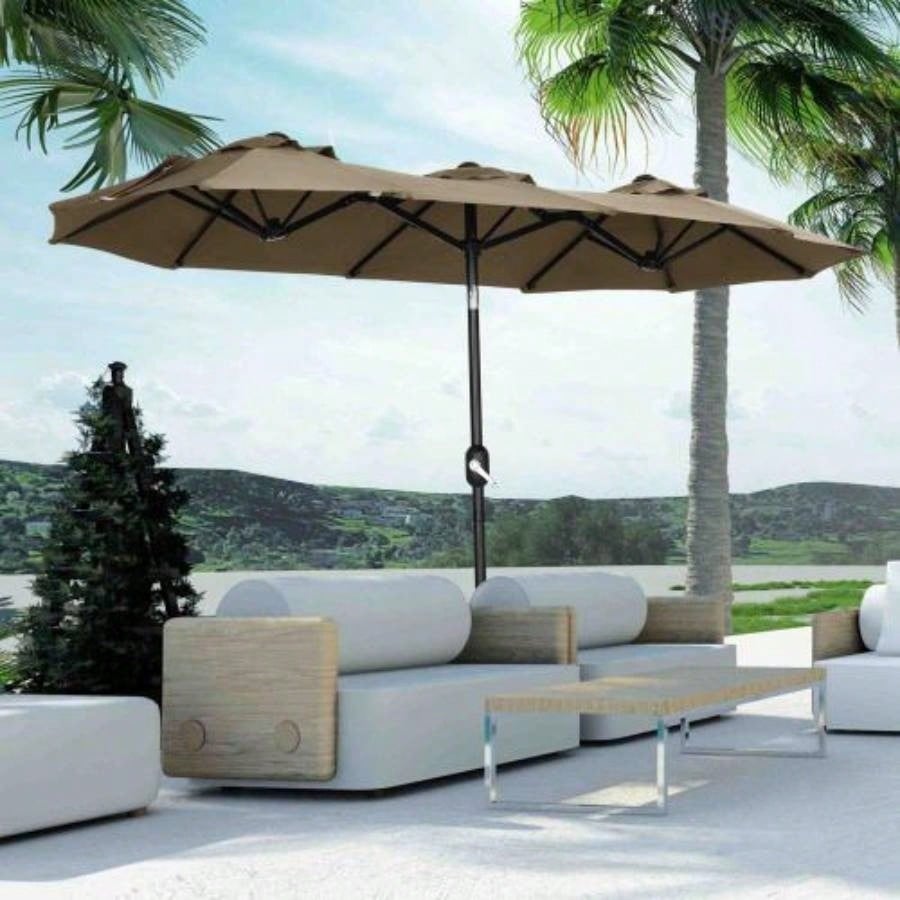 Outsunny Double - sided Patio 9.5 Large Outdoor Market with Push Button Tilt and Crank, 3 Vents and 12 Ribs, Garden, Deck, Pool, Gray