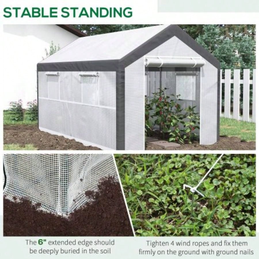 Outsunny 12xx Walk - In Greenhouse, Outdoor Garden Warm Hot House with 4 Roll - up, 2 Zippered Doors and Weather Cover, White