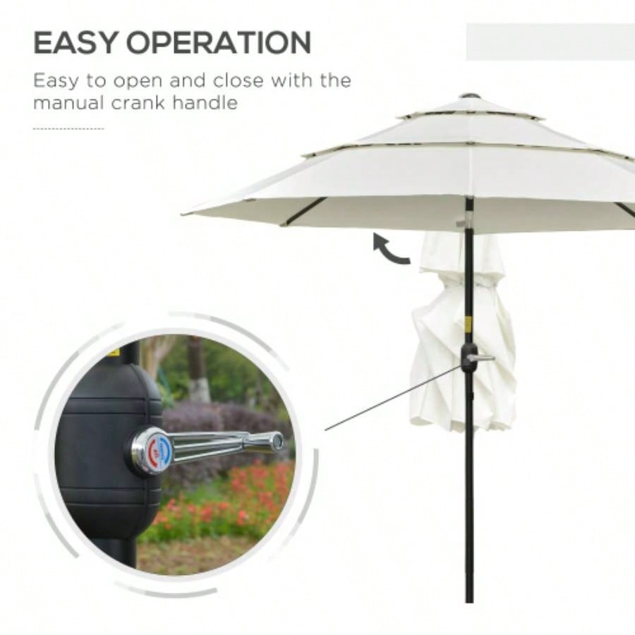 Outsunny 9FT 3 Tiers Patio Outdoor Market with Crank, Push Button Tilt Deck, Backyard and Lawn, Beige