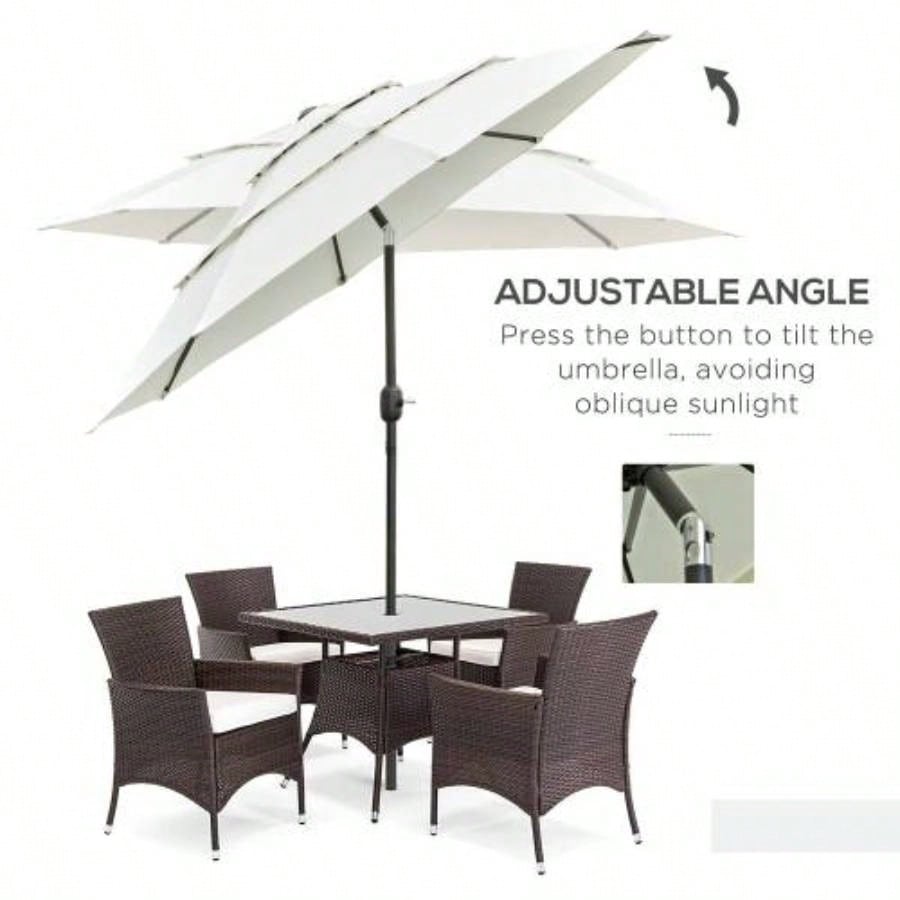 Outsunny 9FT 3 Tiers Patio Outdoor Market with Crank, Push Button Tilt Deck, Backyard and Lawn, Beige