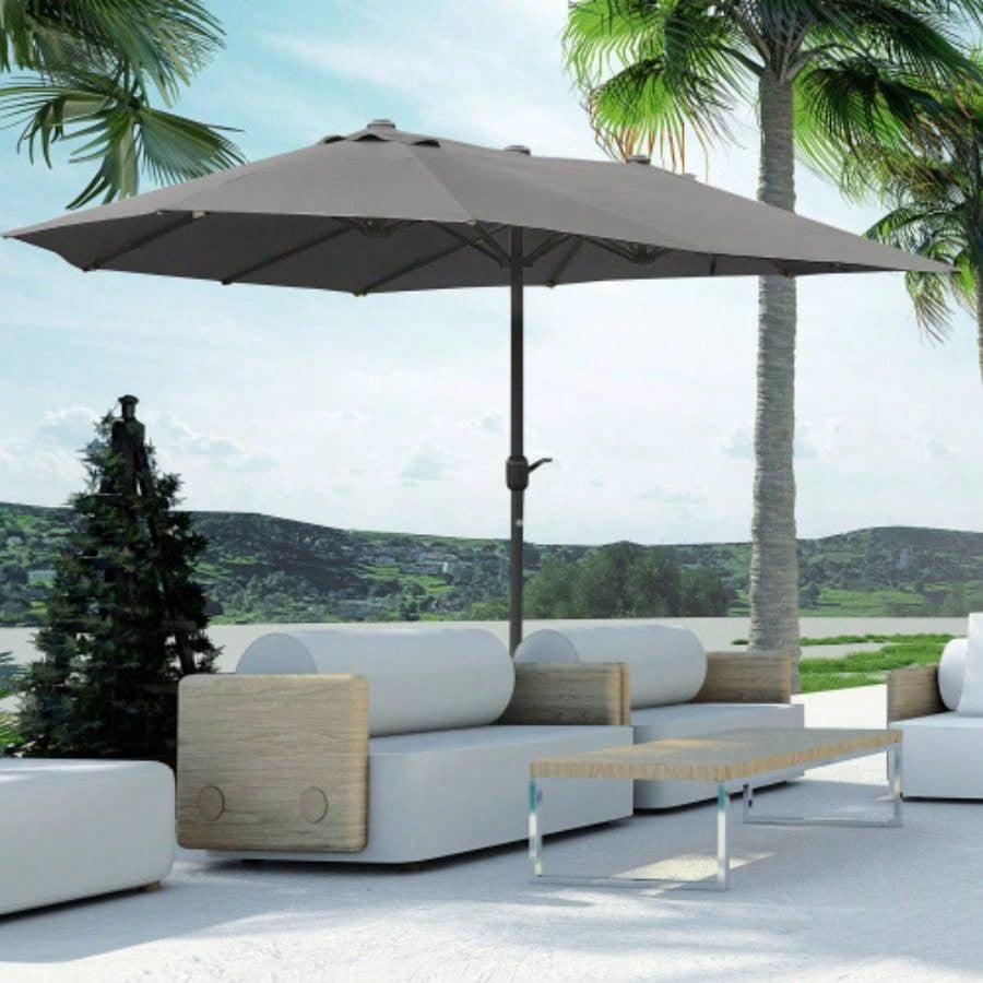 Outsunny Patio 15 Steel Rectangular Outdoor Double Sided Market with base, Easy Crank Deck Pool Patio, Dark Gray