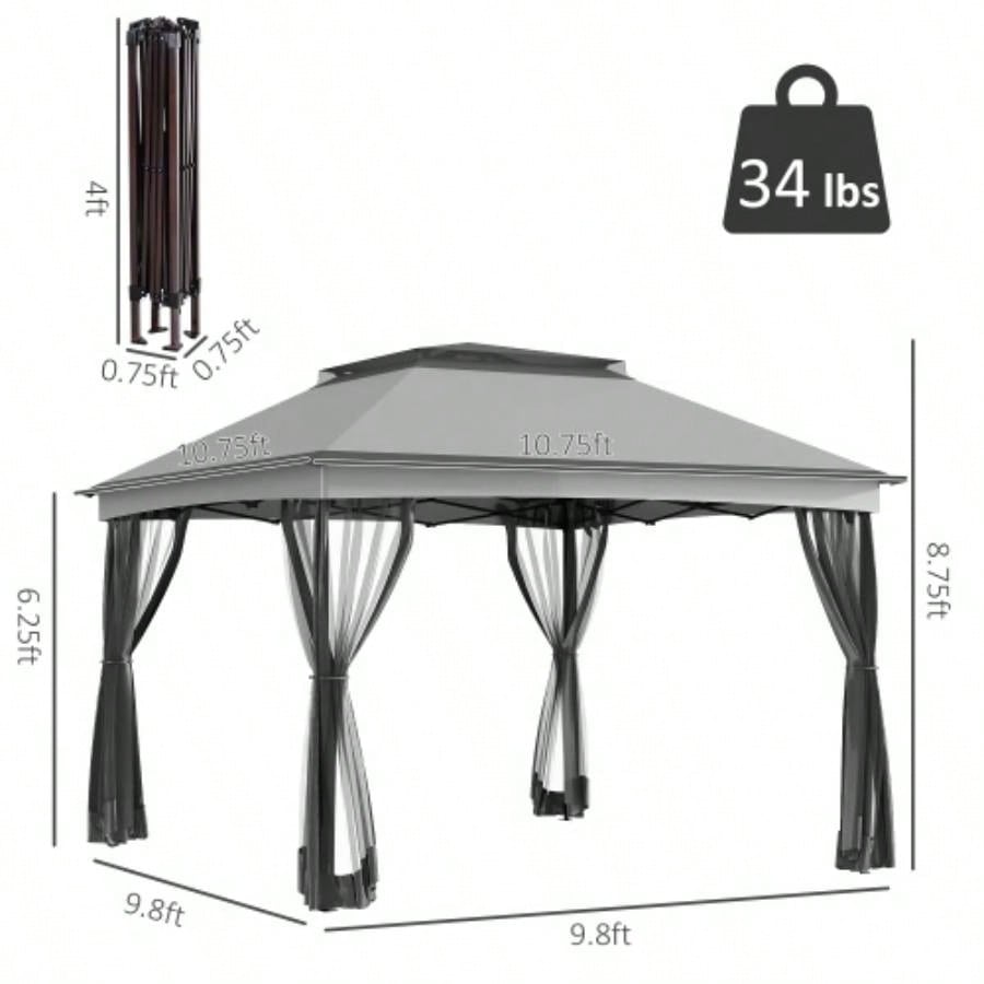 Outsunny 11x 11 Up Canopy, Outdoor Patio Gazebo Shelter with Removable Zipper Netting, Instant Event Tent/ 114 Square Feet of Shade and Carry Bag Backyard, Garden, Light Gray