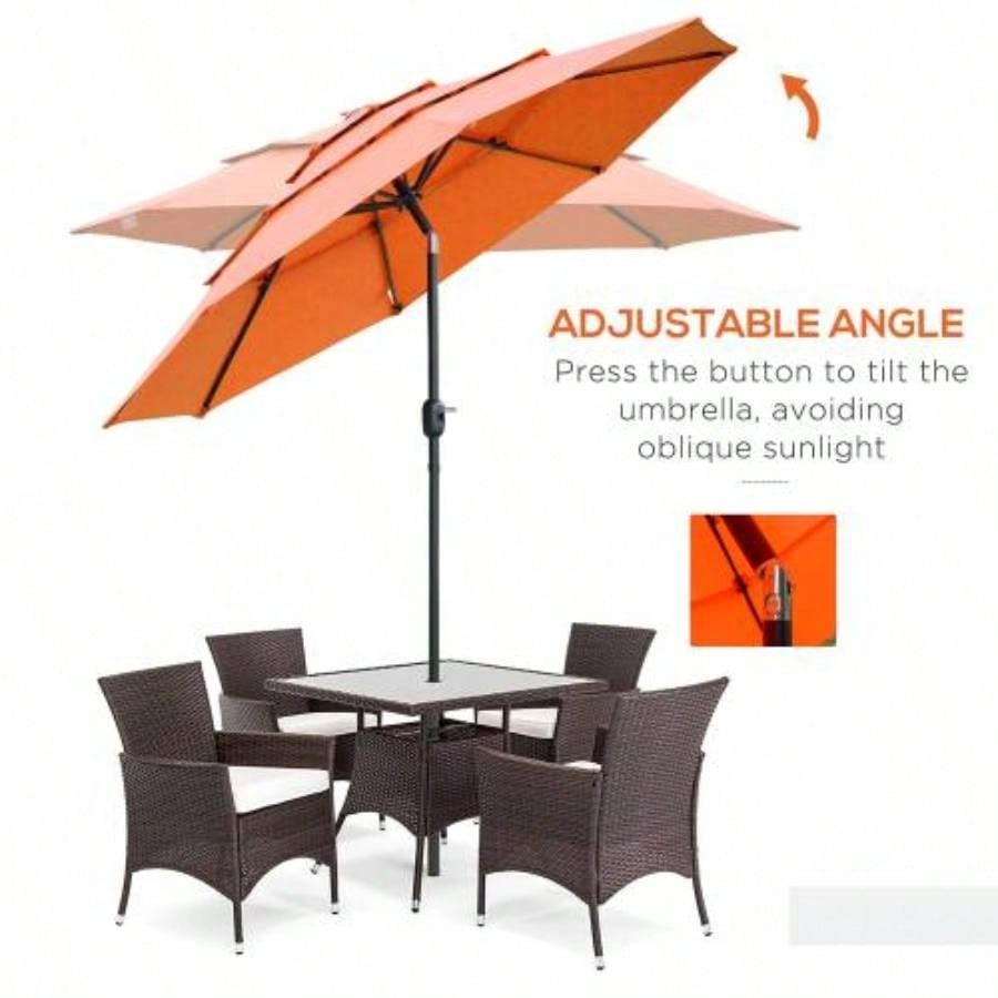 Outsunny 9FT 3 Tiers Patio Outdoor Market with Crank, Push Button Tilt Deck, Backyard and Lawn, Orange