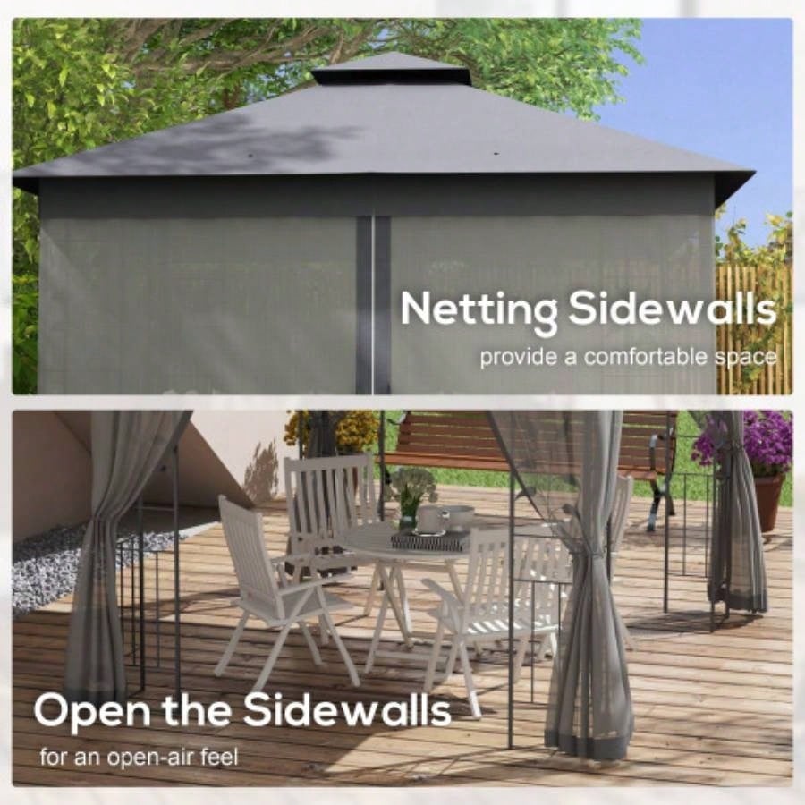 Outsunny 10x 11.5 Metal Patio Gazebo, Double Roof Outdoor Gazebo Canopy Shelter with Tree Motifs Corner Frame and Netting, Garden, Lawn, Backyard, and Deck, Gray