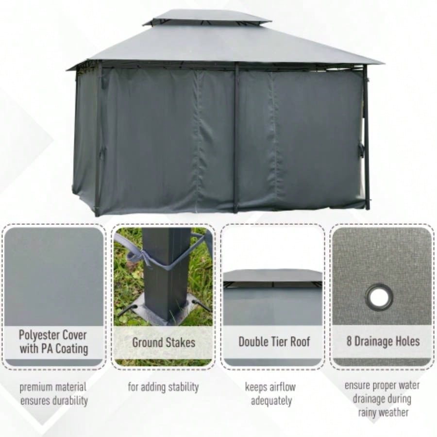 Outsunny 10x 13 Patio Gazebo, Outdoor Gazebo Canopy Shelter with Curtains, Vented Roof, Steel Frame Garden, Lawn, Backyard and Deck, Sage Gray