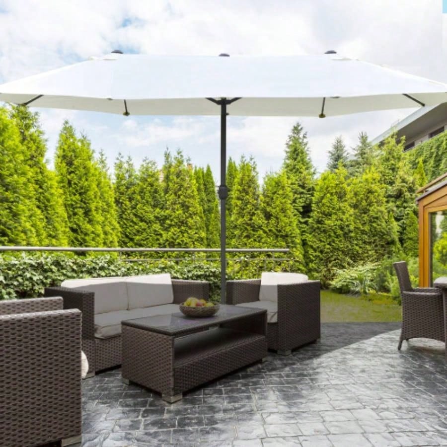 Outsunny Patio 15 Steel Rectangular Outdoor Double Sided Market with base, Easy Crank Deck Pool Patio, Beige