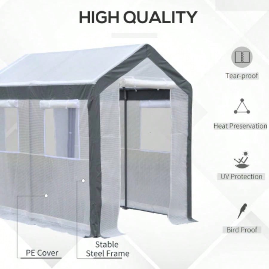 Outsunny 8x 6x Walk - In Greenhouse, Outdoor Garden Warm Hot House with 4 Roll - up, 2 Zippered Doors and Weather Cover, White
