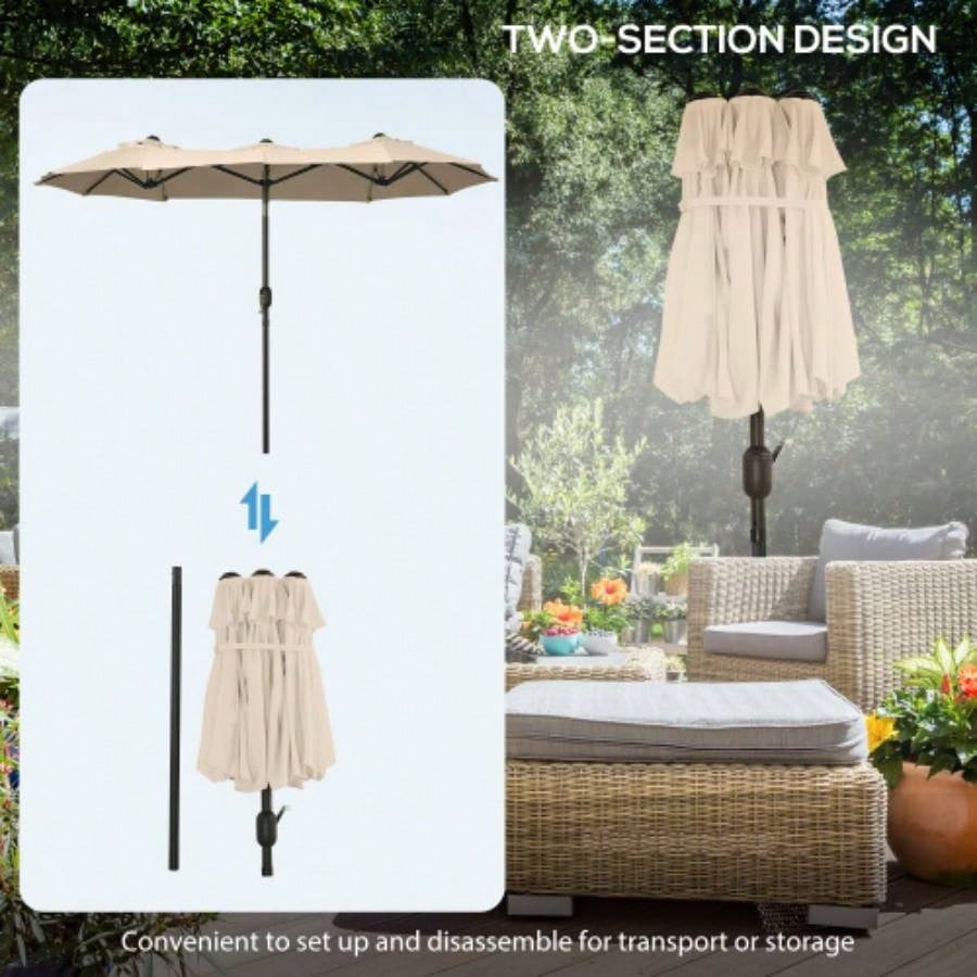 Outsunny Double - sided Patio 9.5 Large Outdoor Market with Push Button Tilt and Crank, 3 Vents and 12 Ribs, Garden, Deck, Pool, Brown