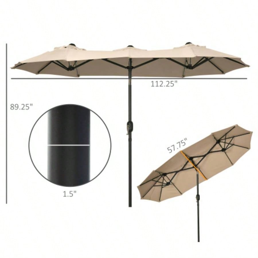 Outsunny Double - sided Patio 9.5 Large Outdoor Market with Push Button Tilt and Crank, 3 Vents and 12 Ribs, Garden, Deck, Pool, Brown