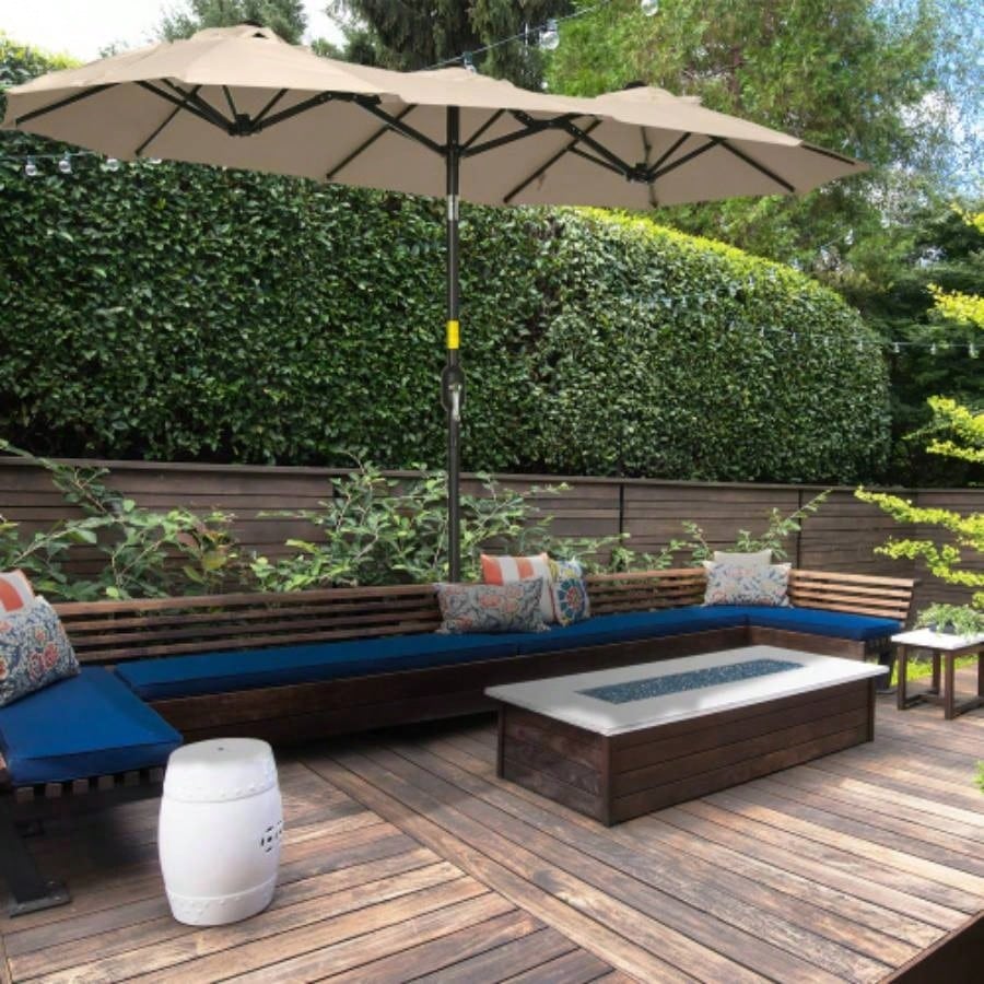 Outsunny Double - sided Patio 9.5 Large Outdoor Market with Push Button Tilt and Crank, 3 Vents and 12 Ribs, Garden, Deck, Pool, Brown