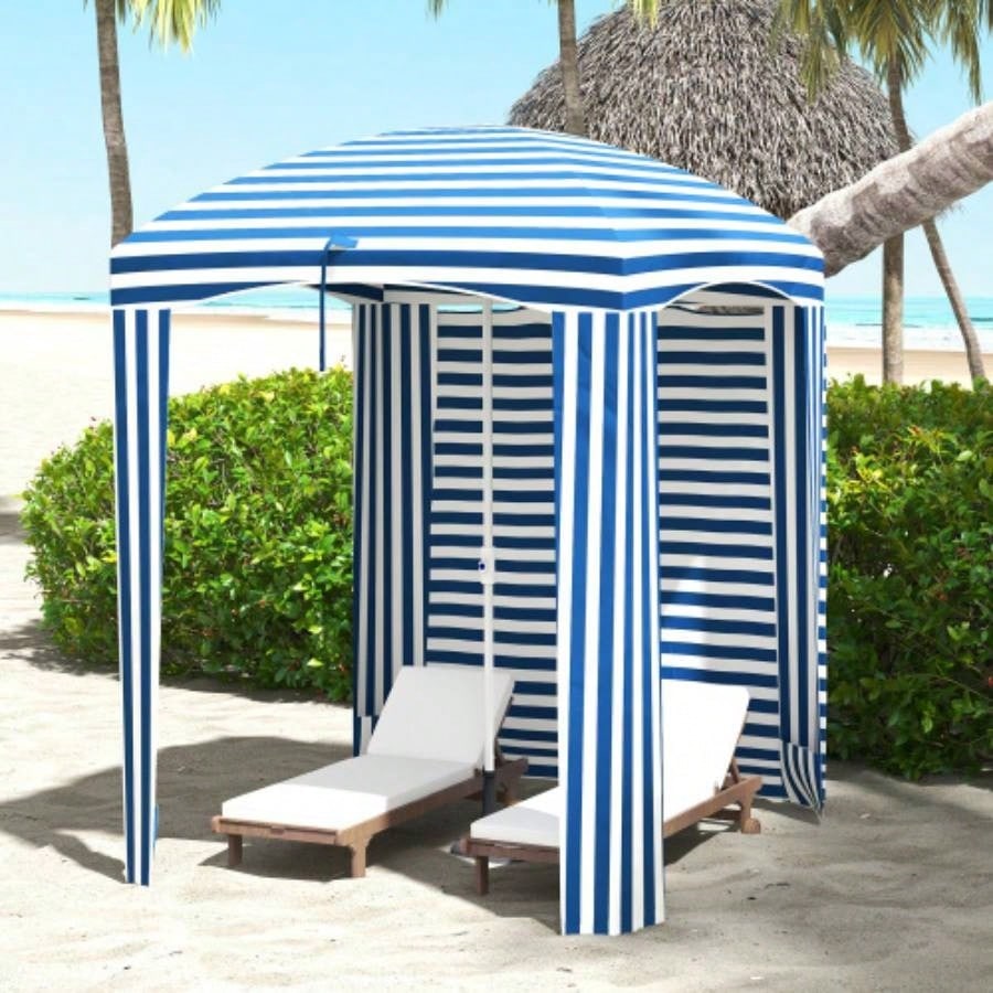 Outsunny 5.9x 5.9 Portable Beach, Ruffled Outdoor Cabana with Walls, Vents, Sandbags, Carry Bag, Blue White Stripe